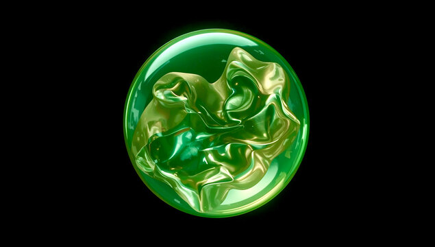 Futuristic green glass sphere with liquid golden core on black background for science and tech design