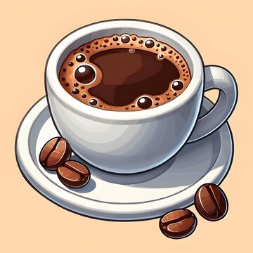 A steaming hot espresso cup of black coffee with roasted beans and dark chocolate on a white saucer makes for a perfect morning breakfast beverage break in a cafe