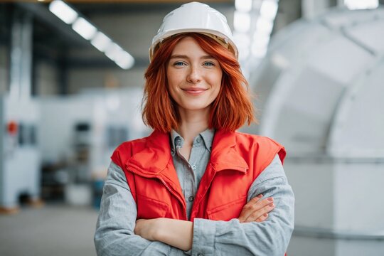 Young engineer smiling with arms crossed in factory interior