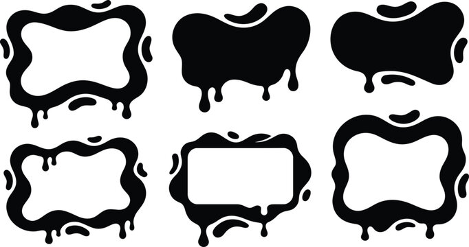 Black dripping ink frames and liquid blob silhouettes, featuring melting slime borders and gooey ooze shapes for creative grunge graphic design templates.