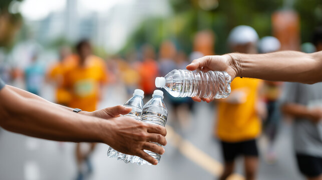 Faceless hands distributing water bottles and snacks to runners at a water station during a community marathon, representing teamwork and support for others, blurred runners passin