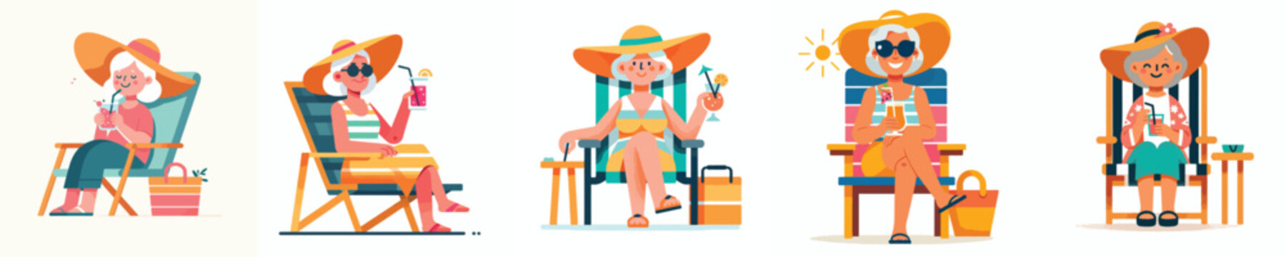 vector of a grandma sitting relaxed on a beach chair drinking ice in the summer front view