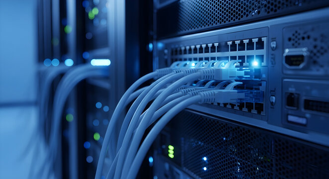 Closeup of network server switch with multiple ethernet cables connected in a data center