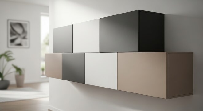 Contemporary modular matte storage containers arranged in a sleek modern interior design