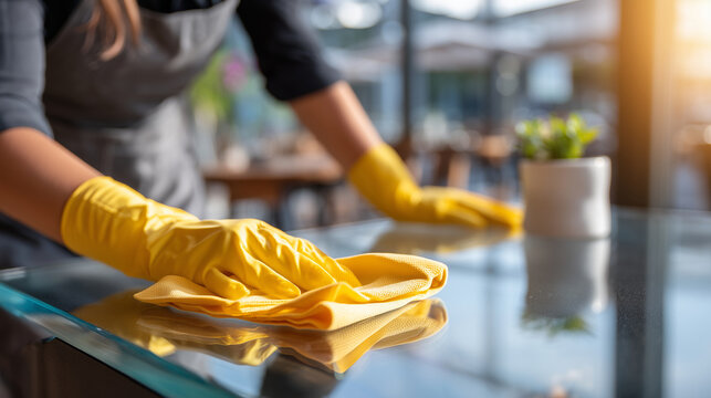 Faceless staff member wiping a glass tabletop to a shine with a microfiber cloth, representing hygiene standards and readiness for guests, sunlight reflecting on the glass surface,
