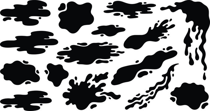 Black ink splatters, liquid paint drips, and organic oil spill silhouettes designed for creative graphic design projects and artistic textured backgrounds.