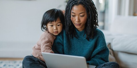 Fototapeta premium Mother and child browsing laptop on living room floor