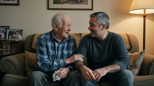 A heartwarming image captures an elderly man and his son, sharing a tender moment on a cozy sofa. They are looking at each other, engaged in a conversation filled with love, respect.