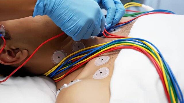 Medical professional in blue gloves attaches colorful electrode wires to a male patient's head and chest for diagnostic testing