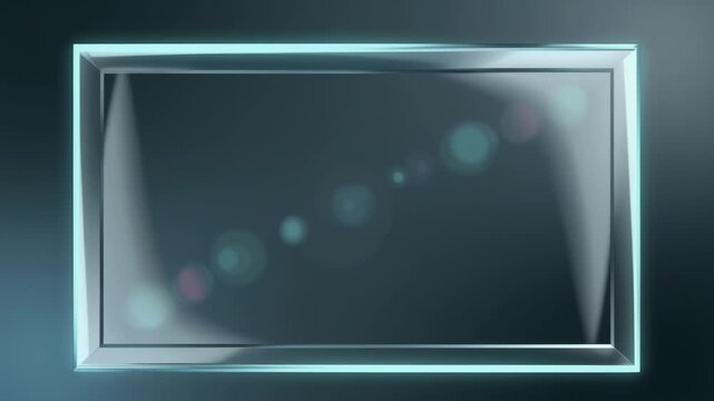 光を映す透明ガラスフレームがゆっくり浮かぶ清潔感のあるミニマル背景
