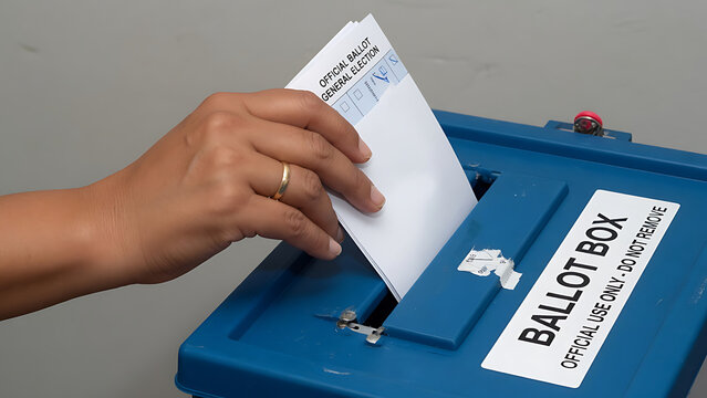Hand casting ballot into ballot box symbolizing the act of voting in a democracy, with focus on democratic participation. 