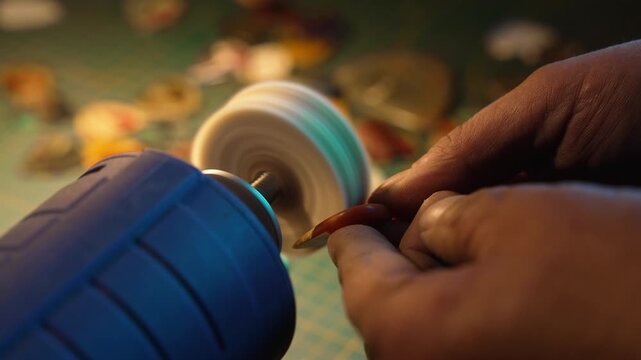 Craftsman using a rotary tool to polish a small amber gemstone in a jewelry workshop, fa01