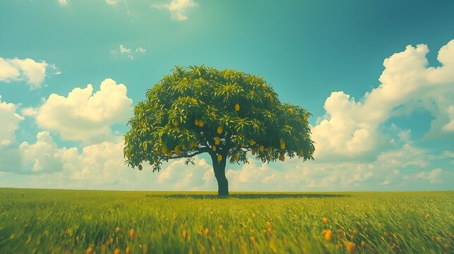 Majestic solitary oak tree in golden field under bright summer sky