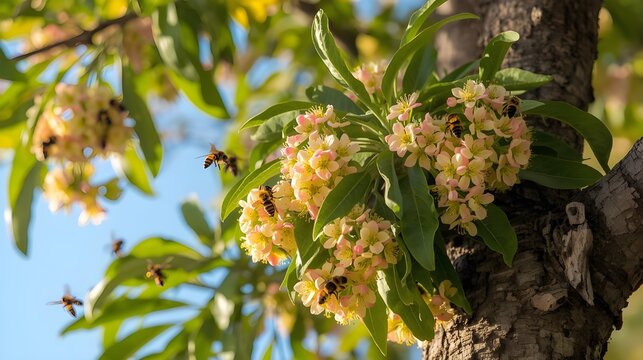 Close-up of golden chain tree blossoms on branch in spring sunlight