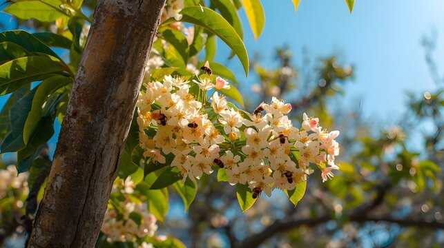 Cherry blossom flowers blooming on tree branch in spring sunlight