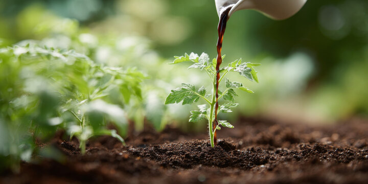 Pouring liquid on young plant seedling