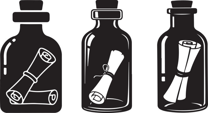 Glass bottles with scrolls a striking silhouette on transparent background. Glass bottles with scrolls a striking vector illustration.