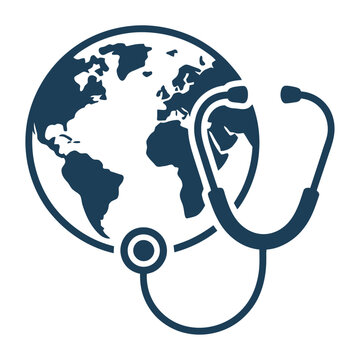 Vector graphic of a stethoscope wrapped around a globe, symbolizing global healthcare and medicine.