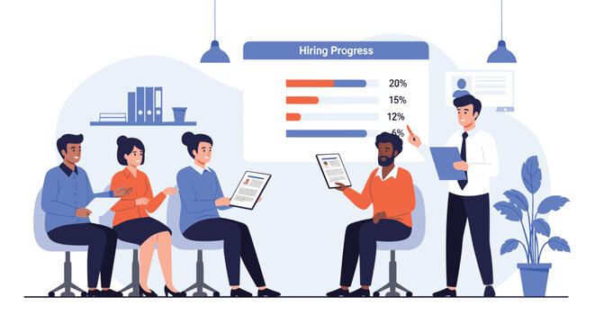 Diverse group of business professionals sitting in a modern office meeting room while discussing hiring progress charts on a large screen.