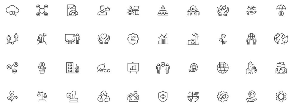 Environmental Social Governance web icons in line style. Sustainable development , sustainability, net zero, climate crisis, recycle, electric car, collection. Vector illustration.