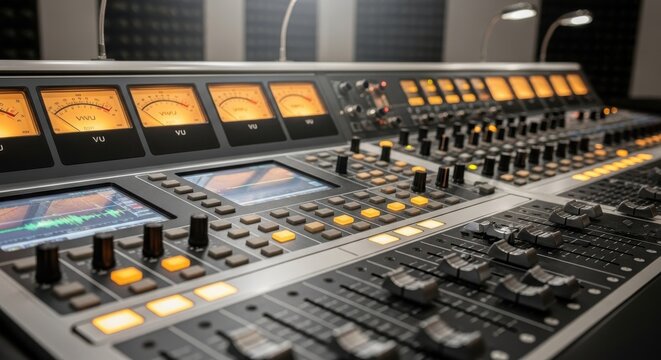 Professional sound mixing console with illuminated faders and VU meters in a recording studio setting