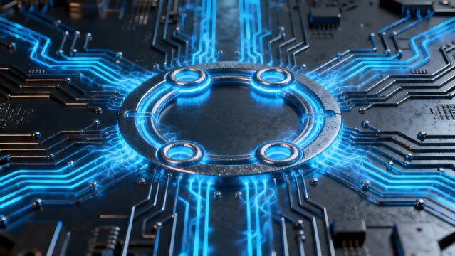 Detailed cross-section visualization of a quantum computing chip with glowing energy channels and superconducting architecture. Perfect for technology, computing, innovation, science, and engineering 
