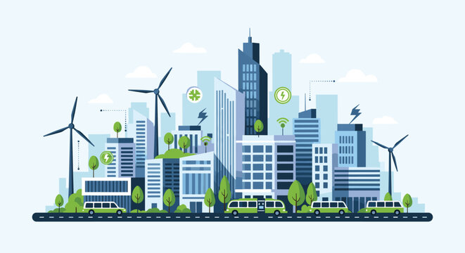 Sustainable smart city concept featuring skyscrapers integrated with green roofs, wind turbines, solar energy icons, and electric public buses.
