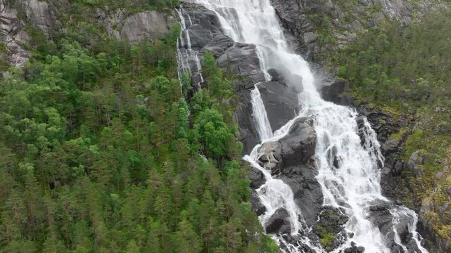 Aerial shot of Langfossen waterfall in Norway