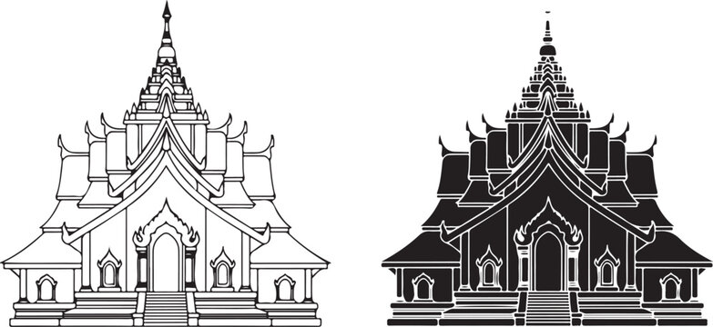 Two Thai temple illustrations one light and one dark on transparent background silhouette. Thai temple vector illustration.