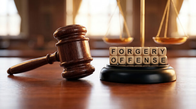 Judge gavel with Forgery Offense text, legal fraud, document forgery and criminal law concept. 