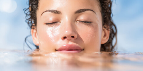 Naklejka premium Serene Woman Relaxing in Water with Eyes Closed