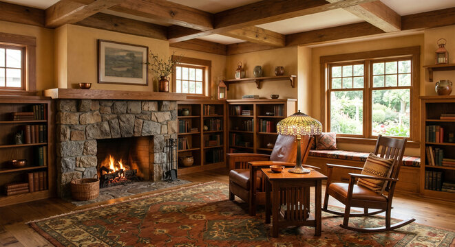 &nbsp;A 1910s Craftsman living room. Focus on natural materials, exposed wooden ceiling beams, and a large "Mission style" stone fireplace. Built-in oak bookcases, stained glass 