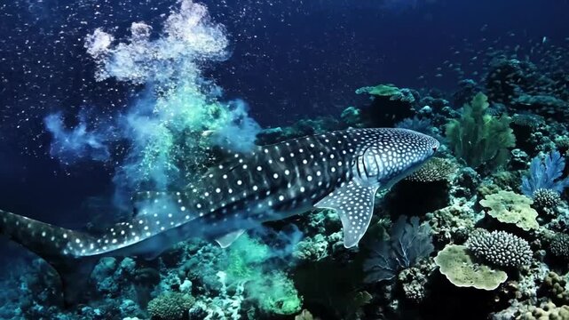 Whale shark swimming over coral reef.