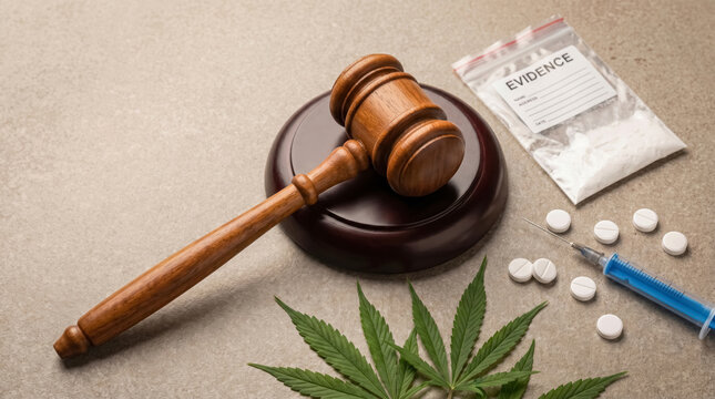Judge gavel with drug evidence, syringe and cannabis leaves, narcotics crime and criminal law concept. 