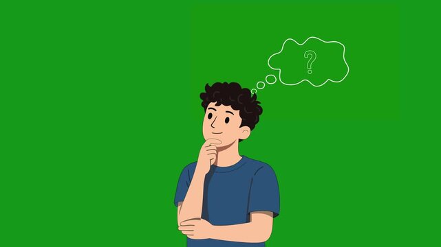 Thoughtful cartoon character thinking with blank idea bubble on green screen background representing contemplation, planning and mental process, ideal for chroma key compositing and explainer content
