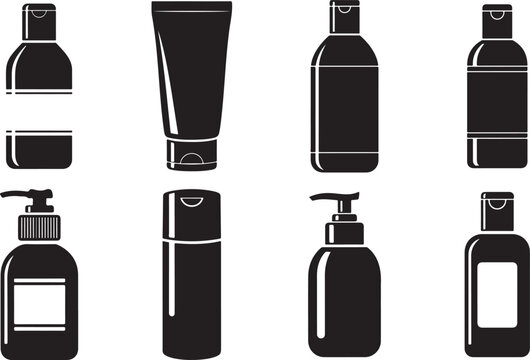 Black cosmetic bottles displayed side by side on transparent background silhouette. Cosmetic bottles vector illustration.