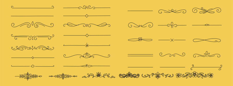 Large collection of vintage calligraphic dividers and floral ornament design elements. vintage separators and floral graphic embellishments in black eps. Elegant vintage ornamental dividers set with s