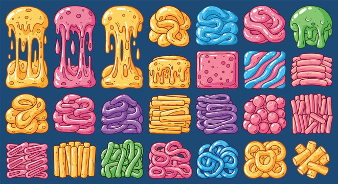 Vibrant collection of colorful gooey textures and slime-like materials shown in various shapes from melting blobs to organized sticks.