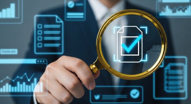 Digital document audit and compliance verification, businessman holding magnifying glass over virtual checkmark icon, data quality control concept