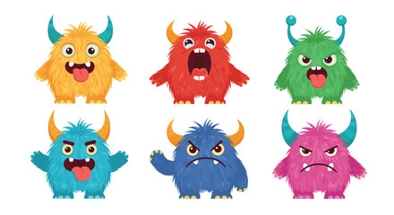 Obraz premium Collection of six colorful furry monster characters featuring various fun expressions from happy and laughing to angry and grumpy.