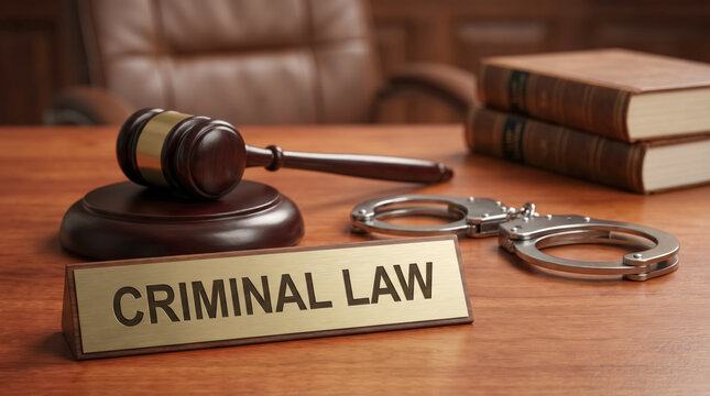 Judge gavel and handcuffs with criminal law nameplate on courtroom desk, justice and legal prosecution concept. 