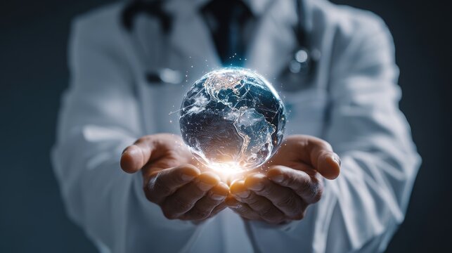 Doctor Holding a Globe in Soft Light Health Concept Cinematic Environment Standard Scale Global Wellness Perspective