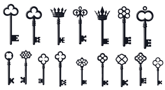 Collection of antique skeleton keys featuring ornate decorative bows and various bit patterns isolated on a plain white background.