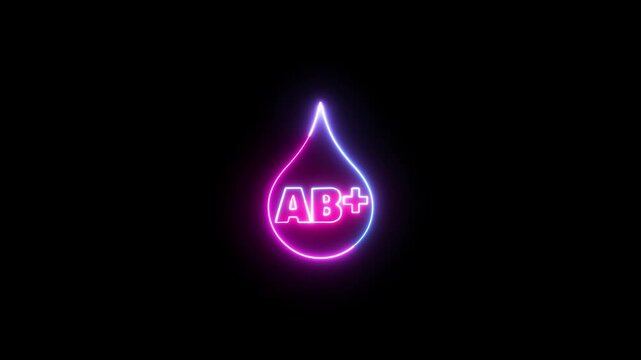 AB+ blood type symbol glowing in neon light on black background, medical