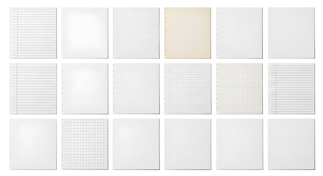 Set of various paper sheets with holes for a binder, isolated on white background