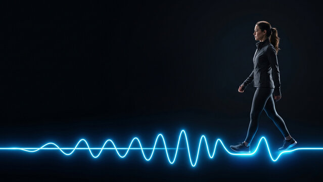 A woman walking on a glowing wave path in dark space showing vertigo concept balance rhythm stability concept