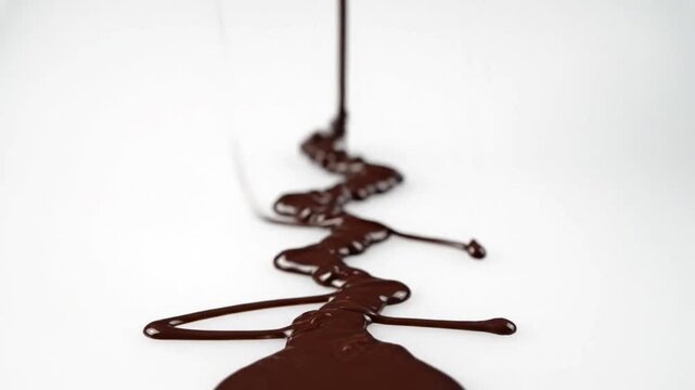 Thin chocolate drizzle falling from top on white background with large copy space