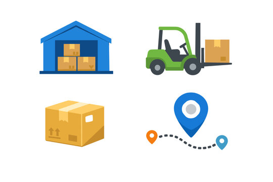Set of four colorful logistics and shipping icons featuring a blue warehouse with boxes, a green forklift carrying a package, a cardboard delivery box, and a location tracking route map.