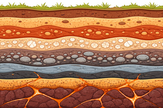Detailed vector illustration of geological strata cross section showing layers of soil, sand, clay, gravel, limestone, and bedrock with glowing magma veins flowing through deep rock cracks.