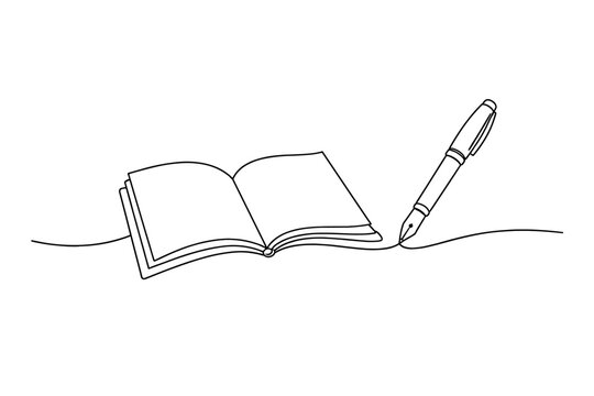 Minimalist Continuous One Line Drawing of an Open Book and Fountain Pen. Elegant Vector Illustration for Writing, Education, Literature, Journaling, and Creative Storytelling Concepts.